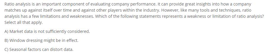 Ratio analysis is an important component of evaluating company performance. It can provide great insights