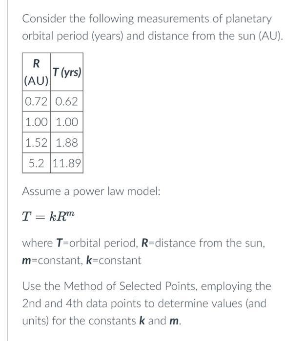 Consider the following measurements of planetary orbital period (years) and distance from the sun (AU). R