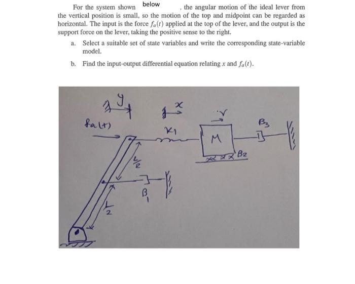 For the system shown below the angular motion of the ideal lever from the vertical position is small, so the