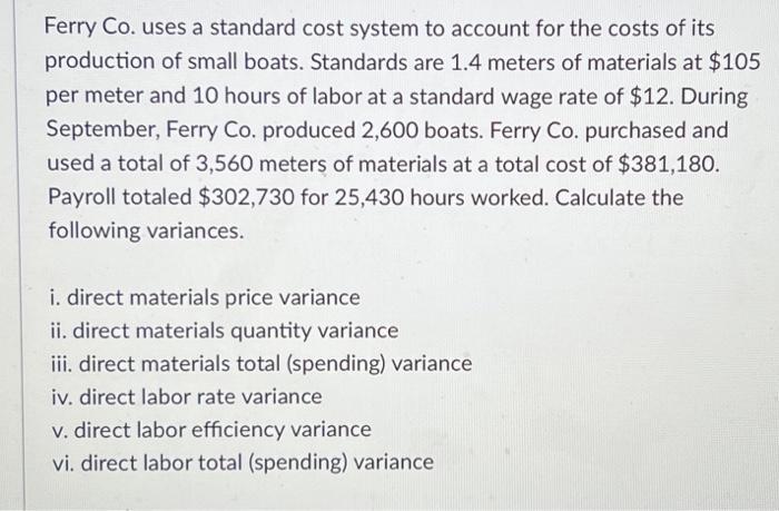 Ferry Co. uses a standard cost system to account for the costs of its production of small boats. Standards