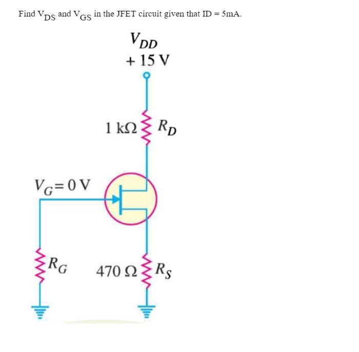 Find VDs and VGs in the JFET circuit given that ID = 5mA. VDD +15V VG=0V RG 1k RD 470   RS