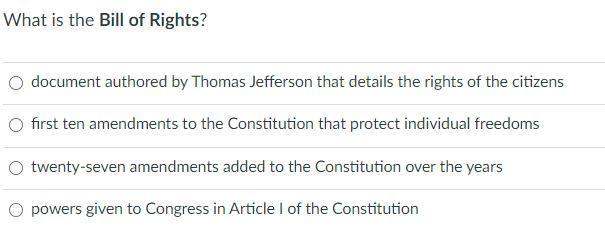 What is the Bill of Rights? document authored by Thomas Jefferson that details the rights of the citizens