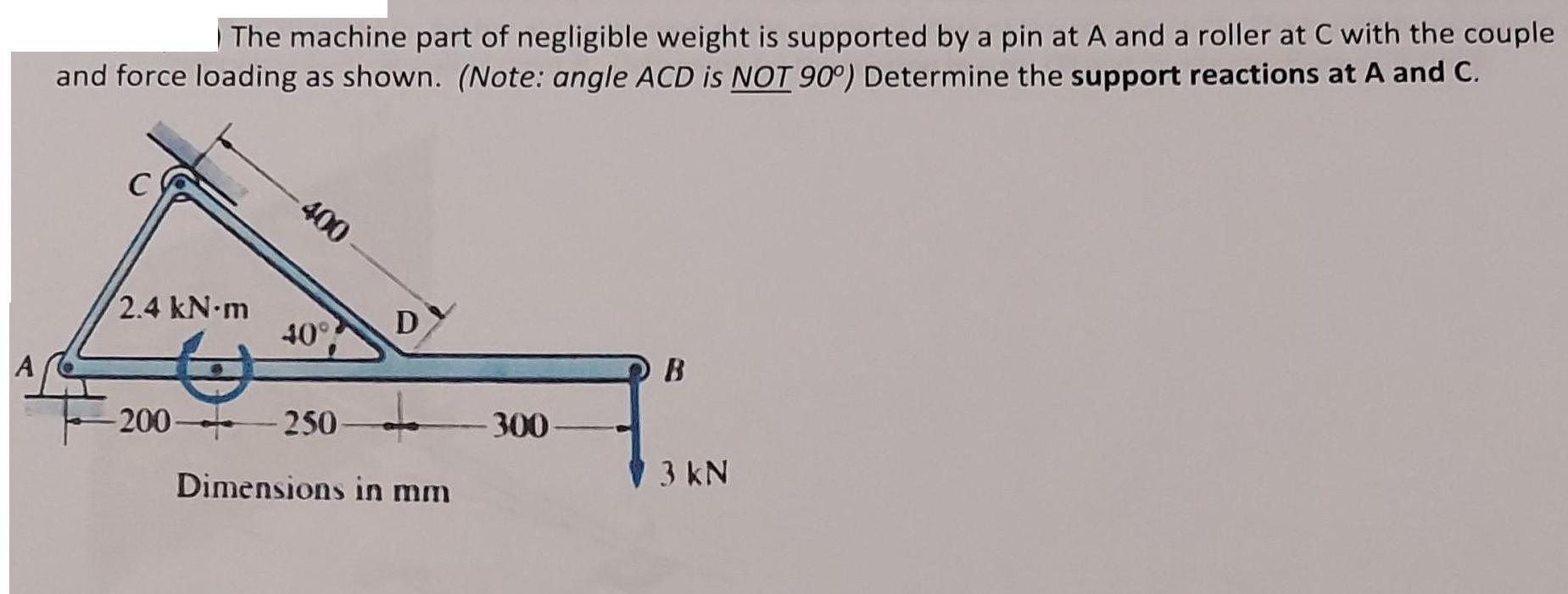 A The machine part of negligible weight is supported by a pin at A and a roller at C with the couple and