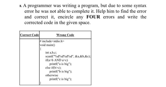8. A programmer was writing a program, but due to some syntax error he was not able to complete it. Help him