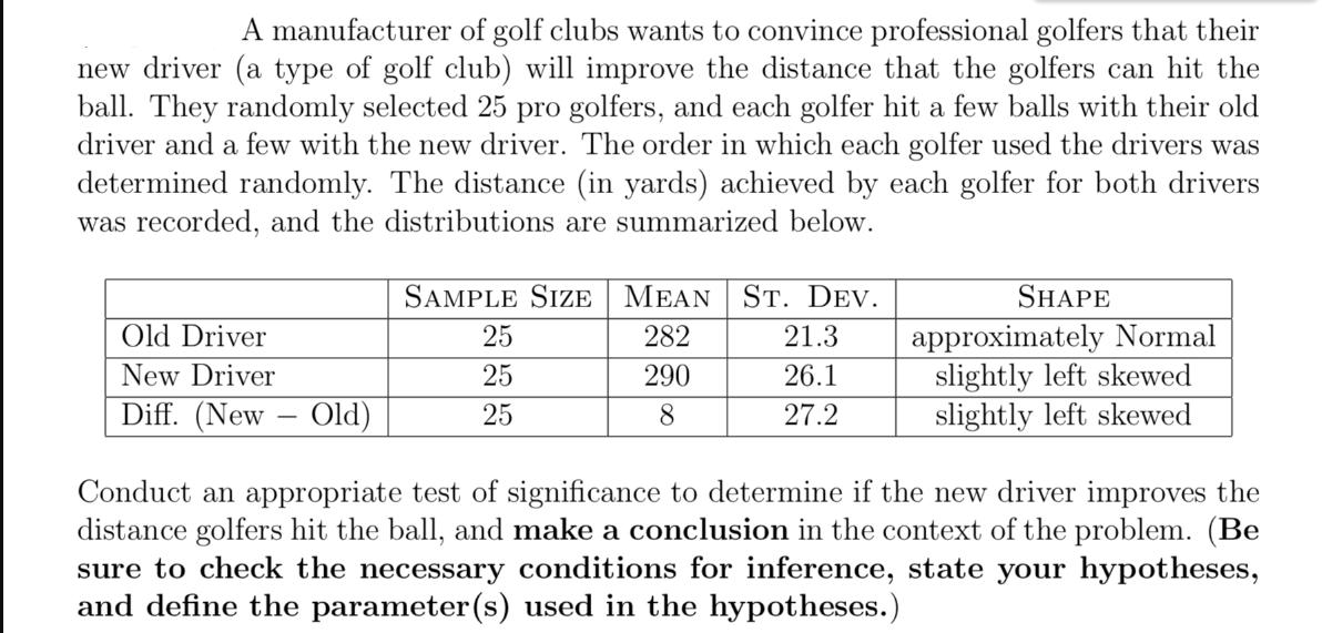 A manufacturer of golf clubs wants to convince professional golfers that their new driver (a type of golf