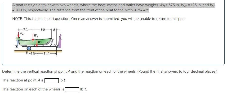 A boat rests on a trailer with two wheels, where the boat, motor, and trailer have weights W = 575 lb. Wm=