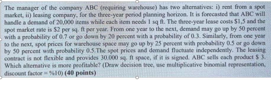The manager of the company ABC (requiring warehouse) has two alternatives: i) rent from a spot market, ii)
