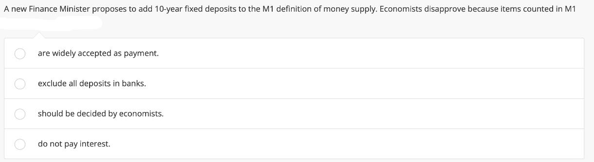 A new Finance Minister proposes to add 10-year fixed deposits to the M1 definition of money supply.