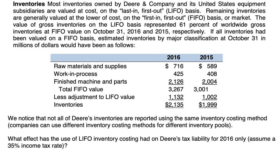 Inventories Most inventories owned by Deere & Company and its United States equipment subsidiaries are valued