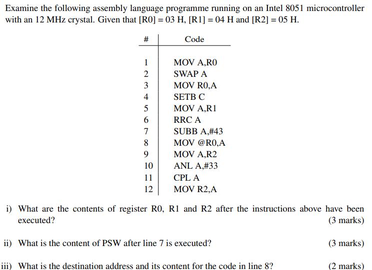 Examine the following assembly language programme running on an Intel 8051 microcontroller with an 12 MHz