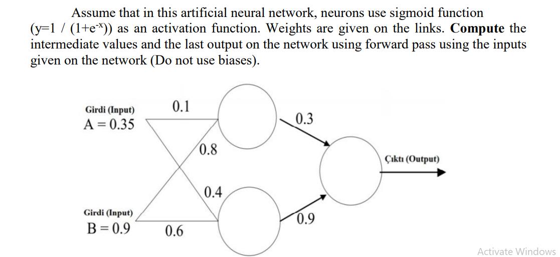 Assume that in this artificial neural network, neurons use sigmoid function (y=1 / (1+ex)) as an activation