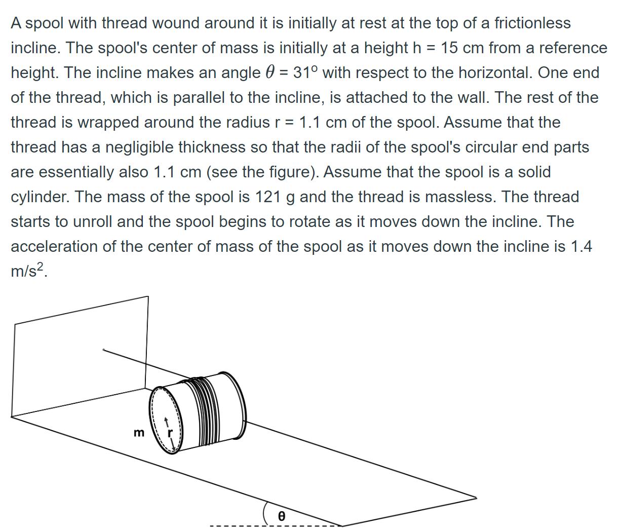 A spool with thread wound around it is initially at rest at the top of a frictionless incline. The spool's