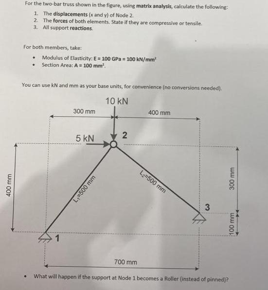 400 mm For the two-bar truss shown in the figure, using matrix analysis, calculate the following: 1. The