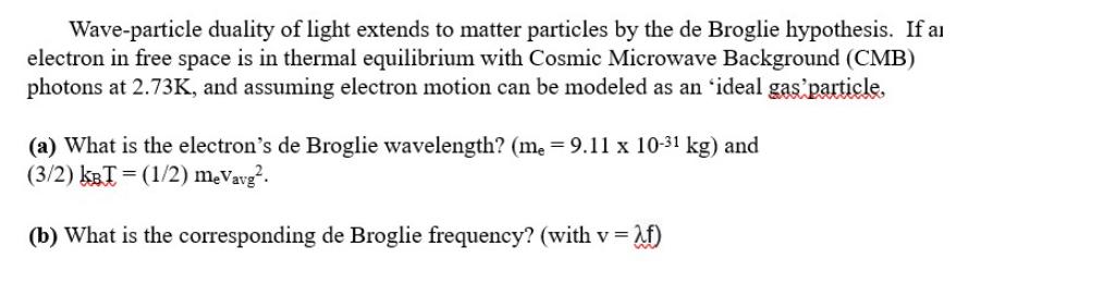 Wave-particle duality of light extends to matter particles by the de Broglie hypothesis. If a electron in