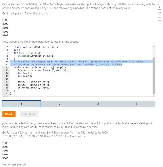 Define the method printVals() that takes two integer parameters and outputs all integers starting with the