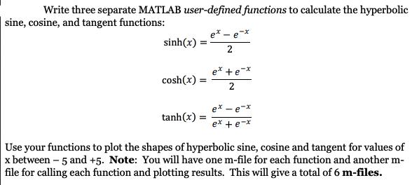 Write three separate MATLAB user-defined functions to calculate the hyperbolic sine, cosine, and tangent