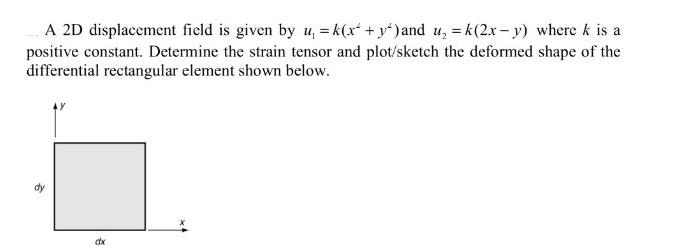 A 2D displacement field is given by u=k(x + y) and u = k(2x-y) where k is a positive constant. Determine the