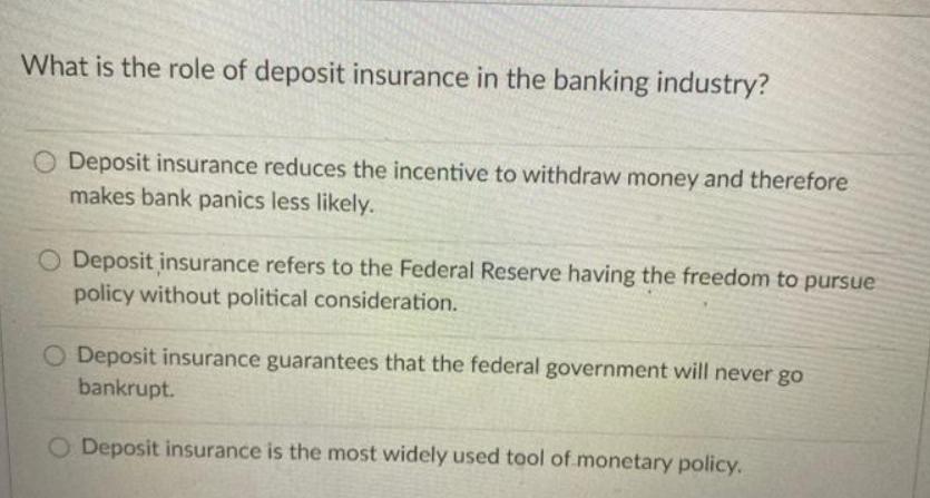 What is the role of deposit insurance in the banking industry? Deposit insurance reduces the incentive to