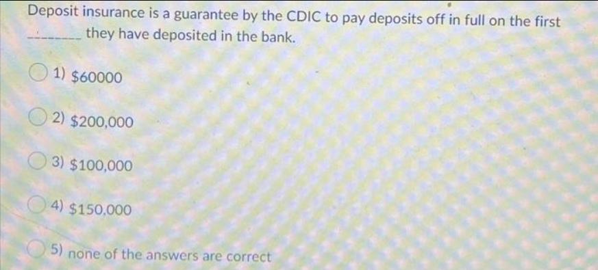 Deposit insurance is a guarantee by the CDIC to pay deposits off in full on the first they have deposited in