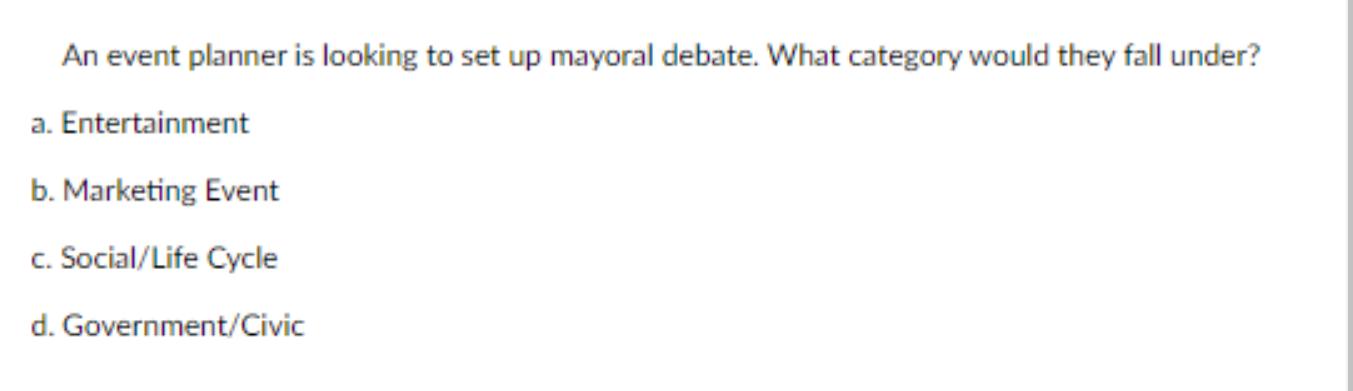 An event planner is looking to set up mayoral debate. What category would they fall under? Entertainment a.
