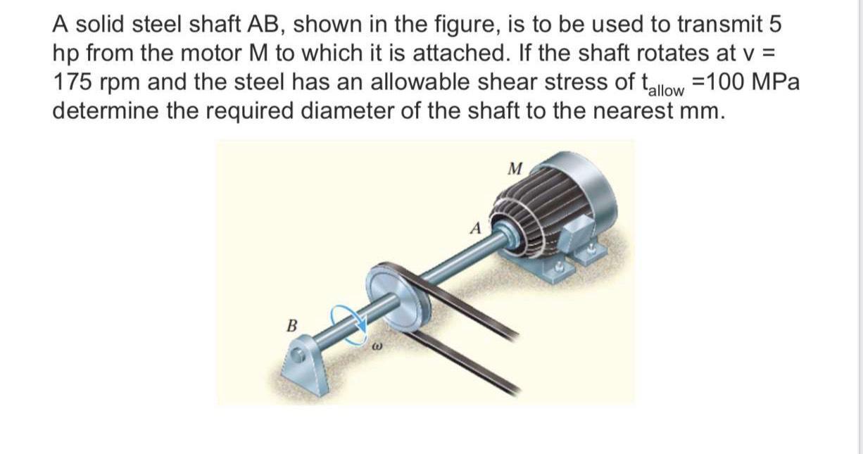 A solid steel shaft AB, shown in the figure, is to be used to transmit 5 hp from the motor M to which it is