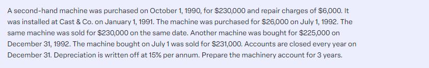 A second-hand machine was purchased on October 1, 1990, for $230,000 and repair charges of $6,000. It was