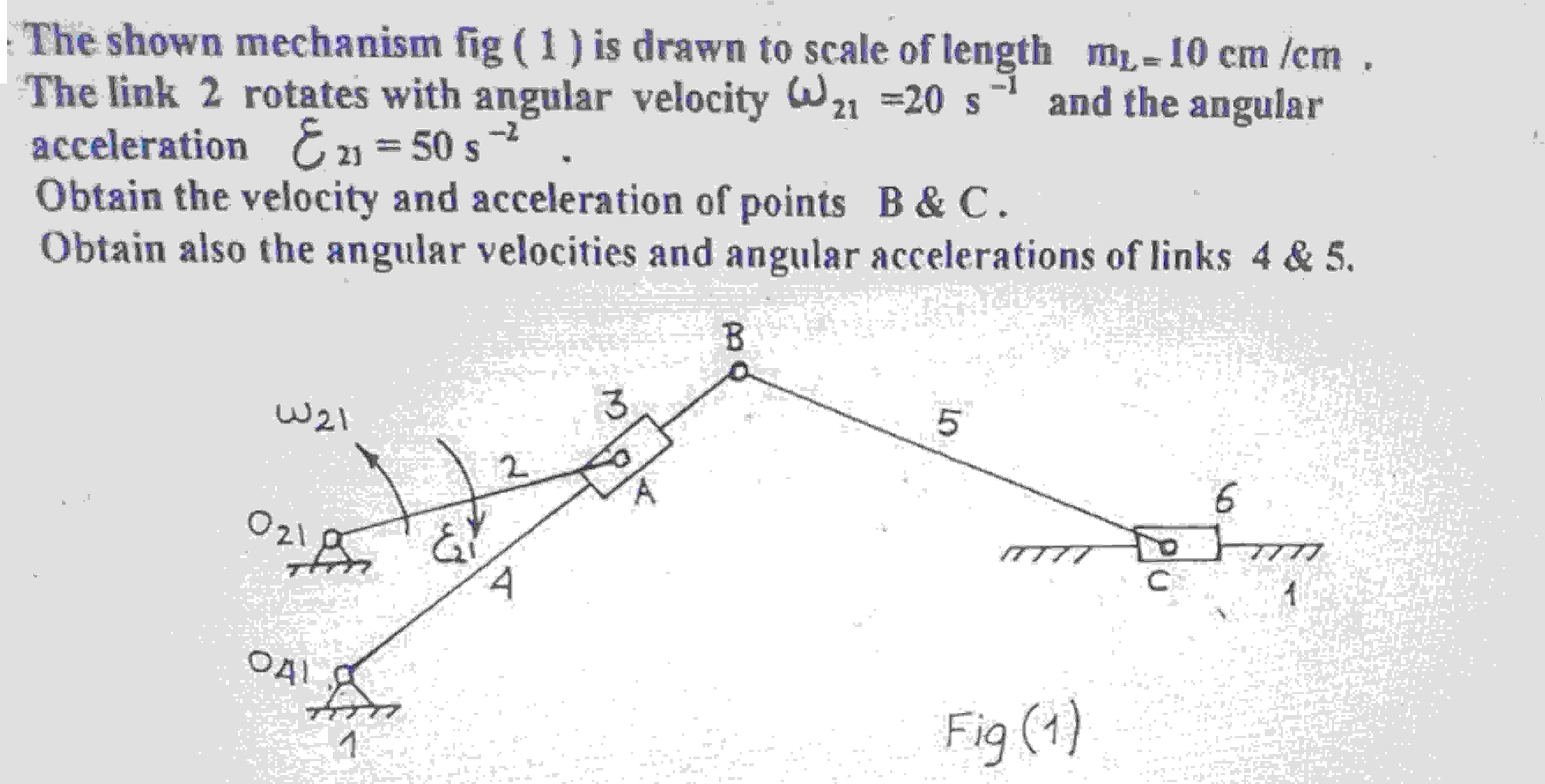 The shown mechanism fig ( 1 ) is drawn to scale of length m-10 cm /cm . The link 2 rotates with angular