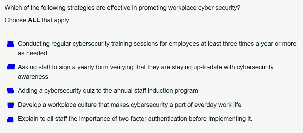 Which of the following strategies are effective in promoting workplace cyber security? Choose ALL that apply