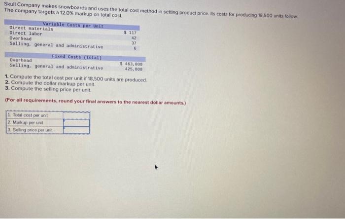 Skull Company makes snowboards and uses the total cost method in setting product price. Its costs for