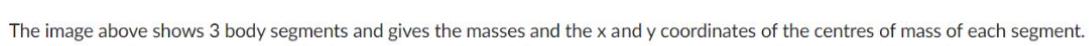 The image above shows 3 body segments and gives the masses and the x and y coordinates of the centres of mass