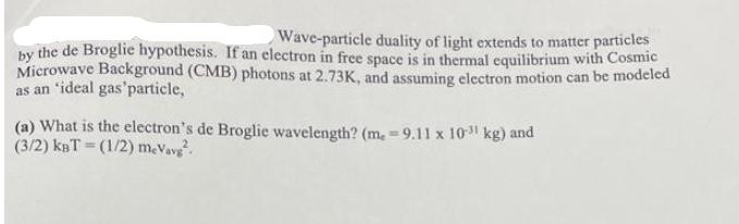 Wave-particle duality of light extends to matter particles by the de Broglie hypothesis. If an electron in