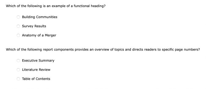 Which of the following is an example of a functional heading? O Building Communities Survey Results Anatomy