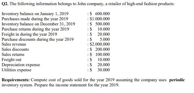 Q2. The following information belongs to John company, a retailer of high-end fashion products: Inventory