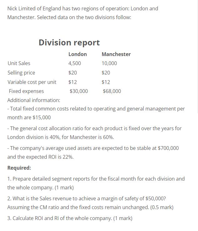 Nick Limited of England has two regions of operation: London and Manchester. Selected data on the two