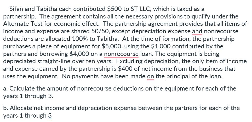 Sifan and Tabitha each contributed $500 to ST LLC, which is taxed as a partnership. The agreement contains