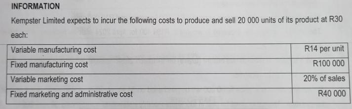 INFORMATION Kempster Limited expects to incur the following costs to produce and sell 20 000 units of its