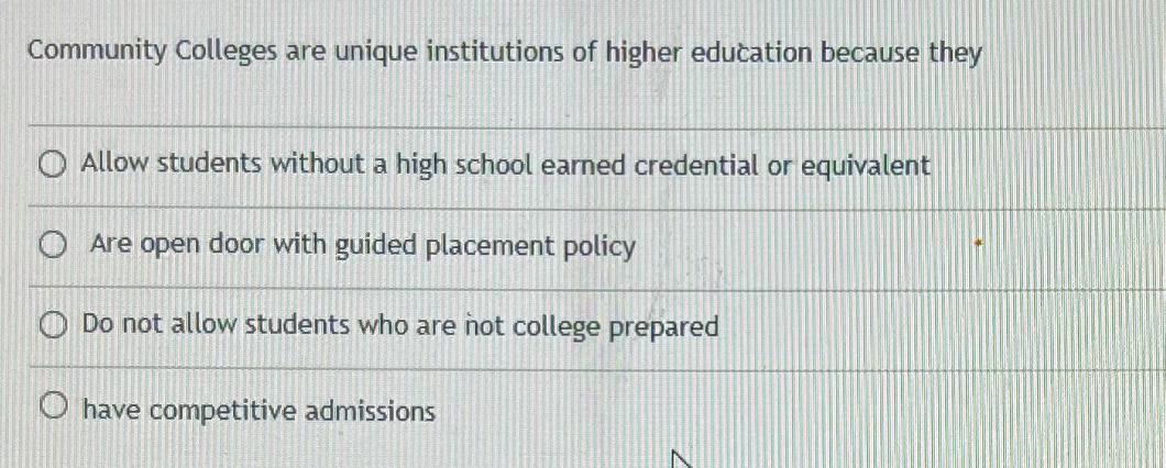 Community Colleges are unique institutions of higher education because they O Allow students without a high