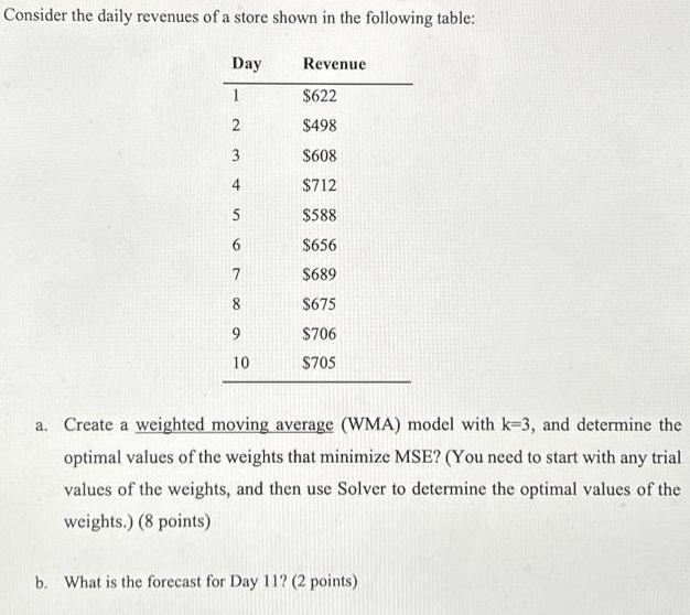 Consider the daily revenues of a store shown in the following table: Day 1 2 3 4 5 6 7 8 9 10 Revenue $622