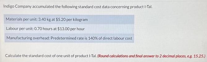 Indigo Company accumulated the following standard cost data concerning product I-Tal. Materials per unit: