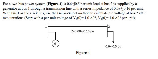 For a two-bus power system (Figure 4), a 0.6+j0.5 per unit load at bus 2 is supplied by a generator at bus 1