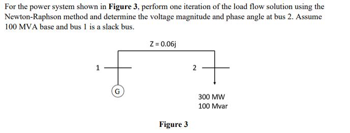 For the power system shown in Figure 3, perform one iteration of the load flow solution using the