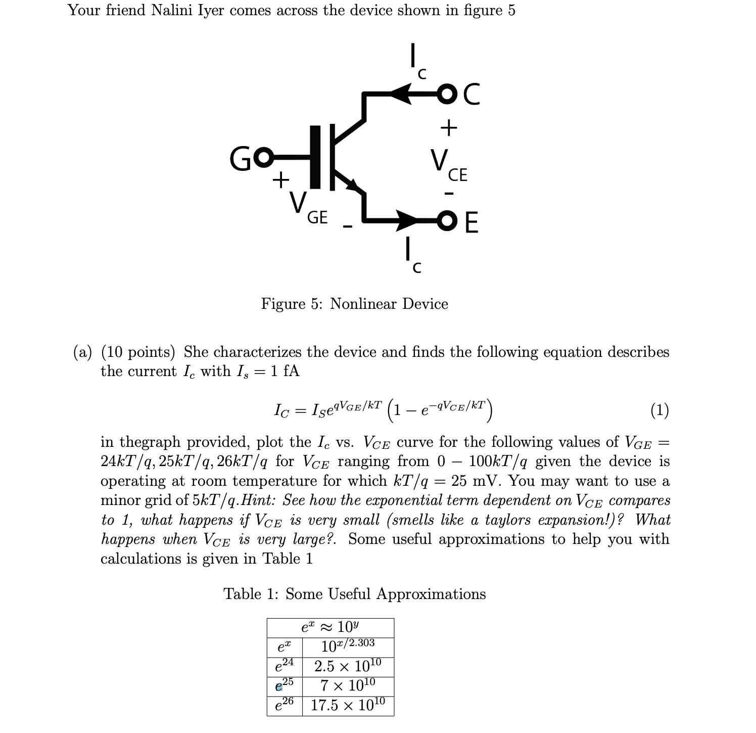 Your friend Nalini Iyer comes across the device shown in figure 5 GO + V GE C  + V Figure 5: Nonlinear Device