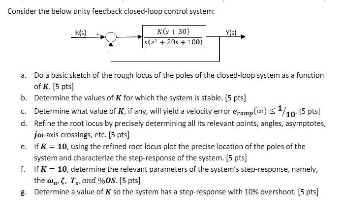 Consider the below unity feedback closed-loop control system: R(s) K(s 1 30) s(s + 20s +100) Y(s) a. Do a