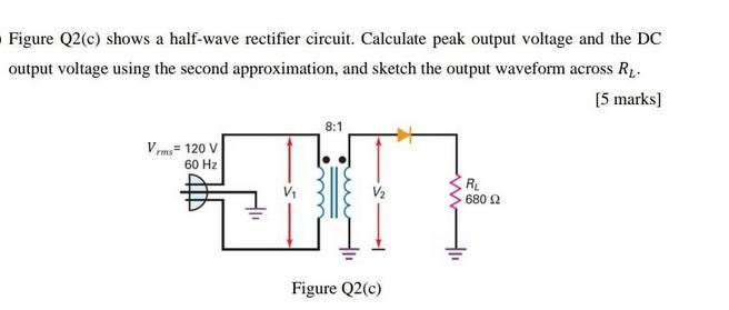 Figure Q2(c) shows a half-wave rectifier circuit. Calculate peak output voltage and the DC output voltage