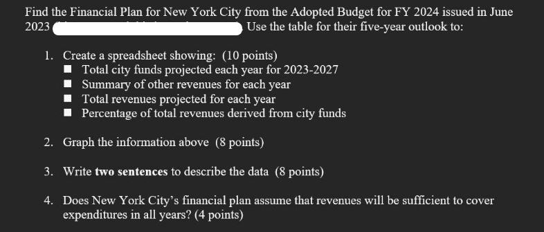 Find the Financial Plan for New York City from the Adopted Budget for FY 2024 issued in June 2023 Use the