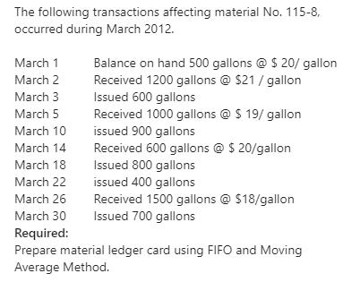 The following transactions affecting material No. 115-8, occurred during March 2012. March 1 March 2 March 3