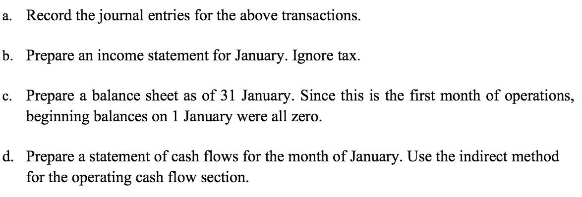a. Record the journal entries for the above transactions. b. Prepare an income statement for January. Ignore