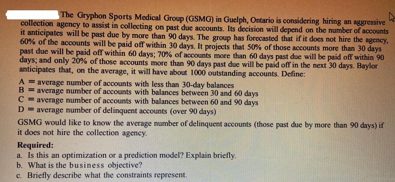The Gryphon Sports Medical Group (GSMG) in Guelph, Ontario is considering hiring an aggressive collection