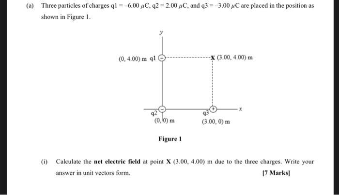 (a) Three particles of charges q1=-6.00 uc, q2=2.00 C, and q3 = -3.00 C are placed in the position as shown