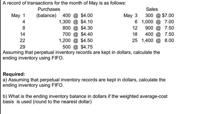 A record of transactions for the month of May is as follows: Purchases (balance) 400 @ $4.00 1,300 @ $4.10